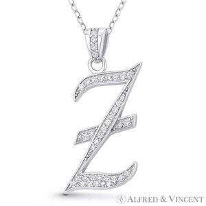 Initial Letter "Z" Cursive Script CZ Crystal Pendant in .925 Sterling Silver